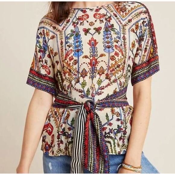 Vineet Bahl for Anthropologie Embroidered Floral Boho Front Tie Top M - Picture 1 of 12
